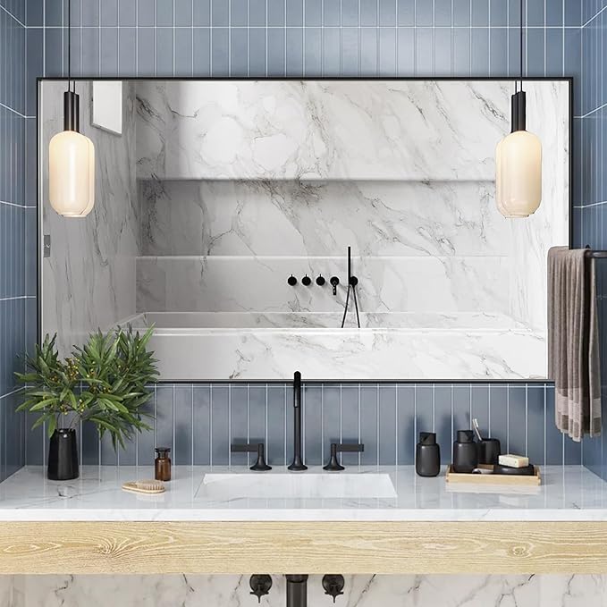 60x36 Inch Black Bathroom Mirror for Wall, Aluminum Frame Rectangle Rectangular Vanity Mirror, Modern Large for Bedroom, Living Room, Horizontal or Vertical