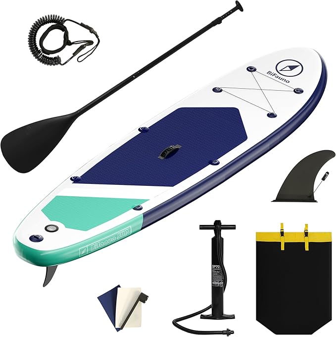 Inflatable Stand Up Paddle Board with SUP Accessories & Backpack. Paddle Boards for Adults. Non-Slip Deck, Wide Stance, Bottom Fin, Double Action Pump.