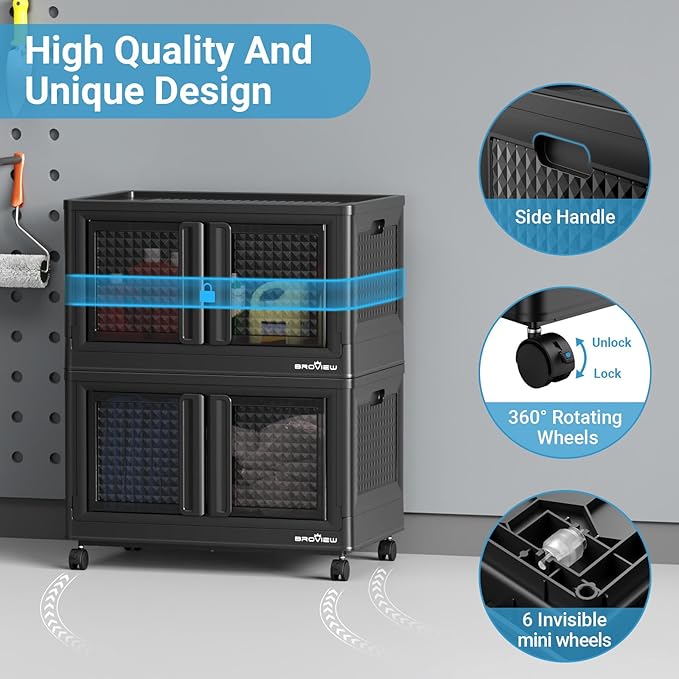 300Qt Stackable Storage Bins with Lids, 75Gal Closet Organizers and Storage Drawer, Plastic Collapsible Storage Bins with Doors, Heavy Duty Store Box Cabinet for Home Kitchen, 3Pack Black