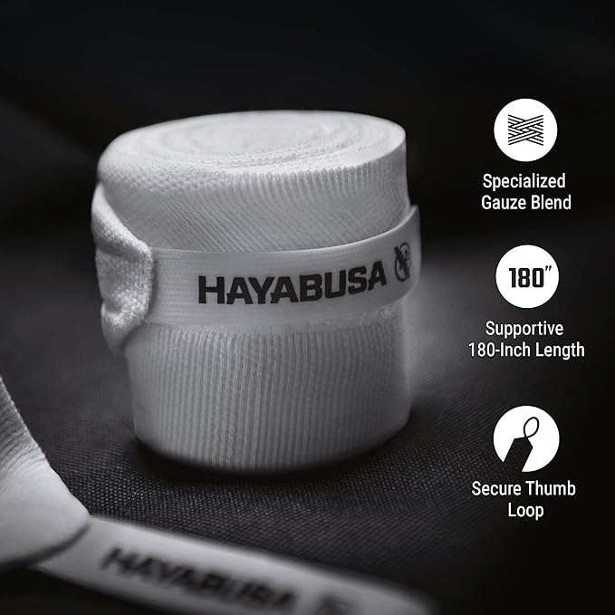 Hayabusa Gauze Boxing Hand Wraps for Men and Women Starter Thumb with Loop Hook & Loop Closure- White, 180 Inches