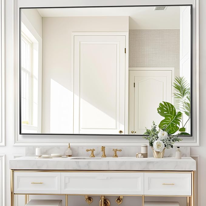 36x48 Inch Black Bathroom Mirror for Wall, Aluminum Frame Rectangle Rectangular Vanity Mirror, Modern Large for Bedroom, Living Room, Horizontal or Vertical