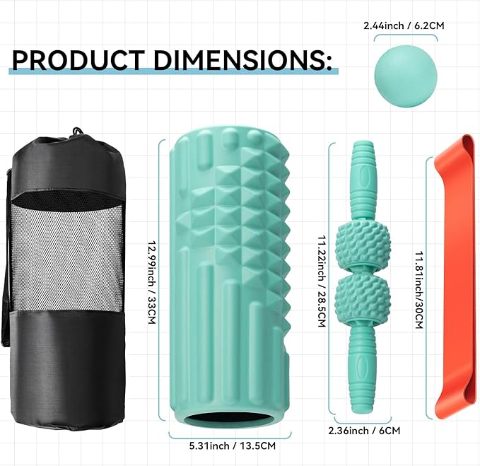 5 in 1 Foam Roller Set, High Density Fitness Exercise Foam Roller for Deep Tissue Muscle Massage, Massage Roller, Massage Ball, Resistance Band, for Whole Body(Tiffany Green)
