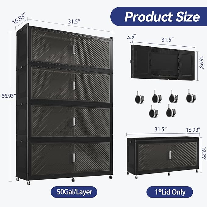 200GAL Extra Large Stackable Storage Bins with Lid, 800QT Plastic Closet Organizer and Storage Cabinet with Wheels and Doors, Folding Storage Box Container for Home Organization, 4Pack Black