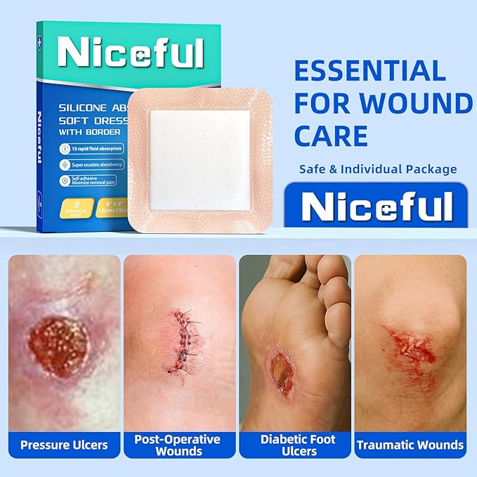 6"x 6" Silicone Super Absorbent Wound Dressing - Gentle Border Large Bandages for Pressure Ulcer, Surgical Wounds, Heavy Exudate Wound Care Pads (8 Pack)