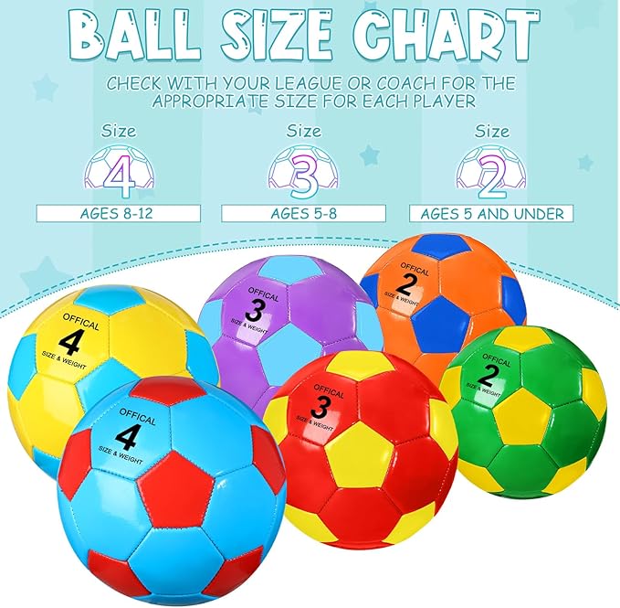 HyDren 6 Pcs Soccer Ball with Pump Colorful Official Soccer Ball for Kids Youth Adult Indoor Outdoor Soft Sport Gift for Training Practice Game