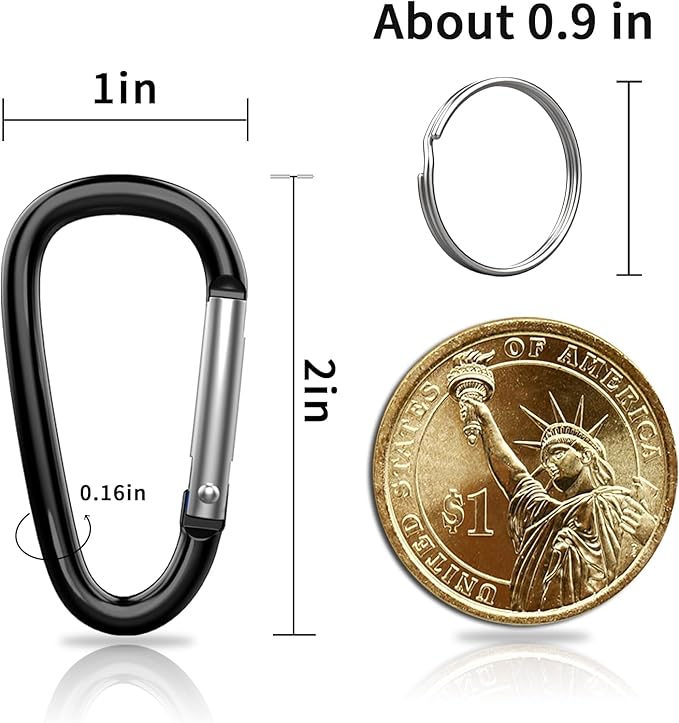 30PCS Aluminum Carabiner Clips, 2" D Shape Spring Snap Hooks Carabiner with 30PCS Keyring Keychain Hook