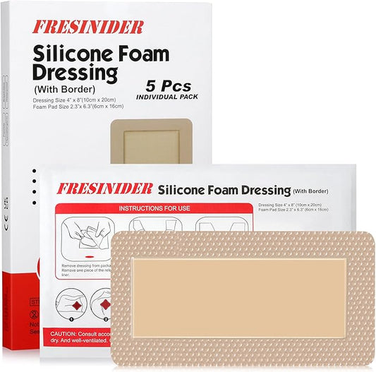 4" x 8" Pack of 5 Silicone Foam Wound Dressing - Waterproof Adhesive Bandages with Bordered - Super Absorbent & Breathable for Optimal Wound Care