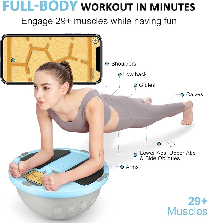 2-in-1 Balance Ball & Plank Board Trainer with App & 4 Interactive Games, Half Exercise Ball for Pilates & Yoga, Core Strength Training, Home Gym Workout, with 2 Resistance Bands & Pump