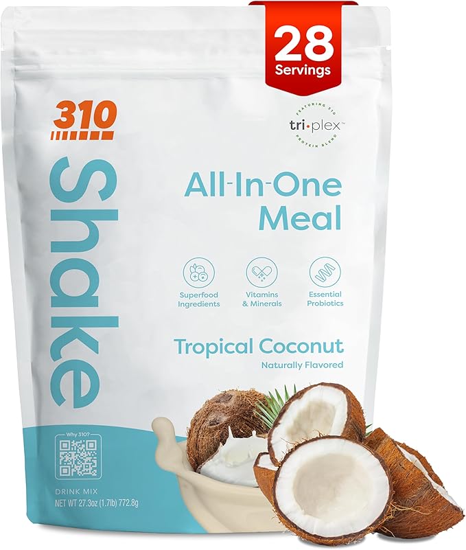 310 Nutrition All-In-One Meal Replacement Shake Powder - Plant-Based Protein Smoothie Blend w/High Fiber, Probiotics & Adaptogens - Low Carb, Vegan, Keto & Paleo Friendly - Tropical Coconut - 28 Srv