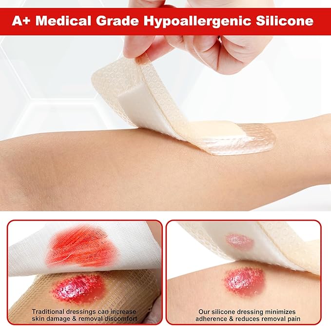 2" x 5" Pack of 10 Silicone Foam Wound Dressing - Waterproof Adhesive Bandages with Bordered - Super Absorbent & Breathable for Optimal Wound Care
