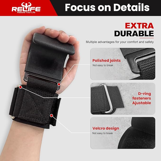 RELIFE REBUILD YOUR LIFE Lifting Hooks for Men and Women(Pair), Pull Up Straps, Gym Reapers Lifting Wrist Grips, Heavy Powerlifting, Lifting Hooks for Weight Lifting