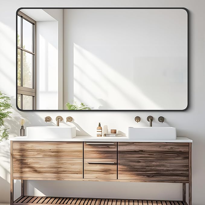 30 x 50 Inch Bathroom Mirror, Matte Black Wall Mirror with Metal Frame, Decorative Rectangular Vanity Mirror for Bedroom Bathroom Living Room Entryway (Horizontal/Vertical)