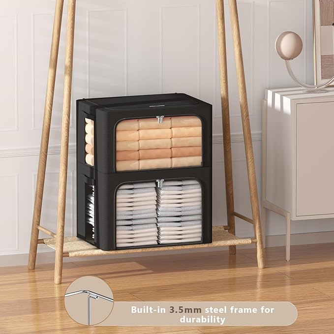 3Pack Frame Storage Box - Clothes Storage Bin Bags Oxford Fabric Foldable Stackable Container Organizer Set with Clear Window & Carry Handles (Black, Large-66L)