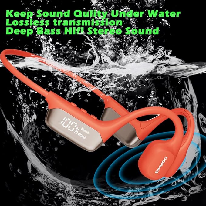 IHAO Swimming Headphones True Bone Conduction Open Ear Headset MP3 Player Built-in 32G Memory IP68 Underwater Waterproof Stereo Bluetooth Earphone for Driving Bicycling Running Skiing-Red