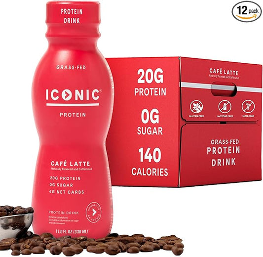 Iconic Protein Drinks, Café Latte (12 Pack) - Sugar Free & Low Carb - 20g Protein + 100mg Caffeine - Lactose Free, Gluten Free - Keto Friendly Protein Coffee