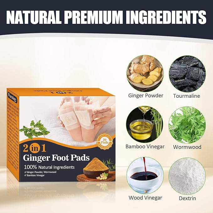 2 in 1 Foot Pads, Tear and Use Ginger Wormwood with Pure Natural Ginger Powder Bamboo Vinegar Wormwood, Bigger Adhesive ''Stay in Place'' All Night, 20 Pads