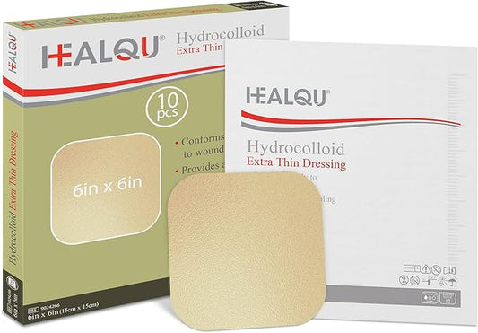 Healqu Hydrocolloid Wound Dressing - 6x6" Thin - Box of 10 Large Bandages - Sterilized Bordered Hydrocolloid Patches for Bed Sores, Abrasions, and More - Waterproof and Absorbent with Protective