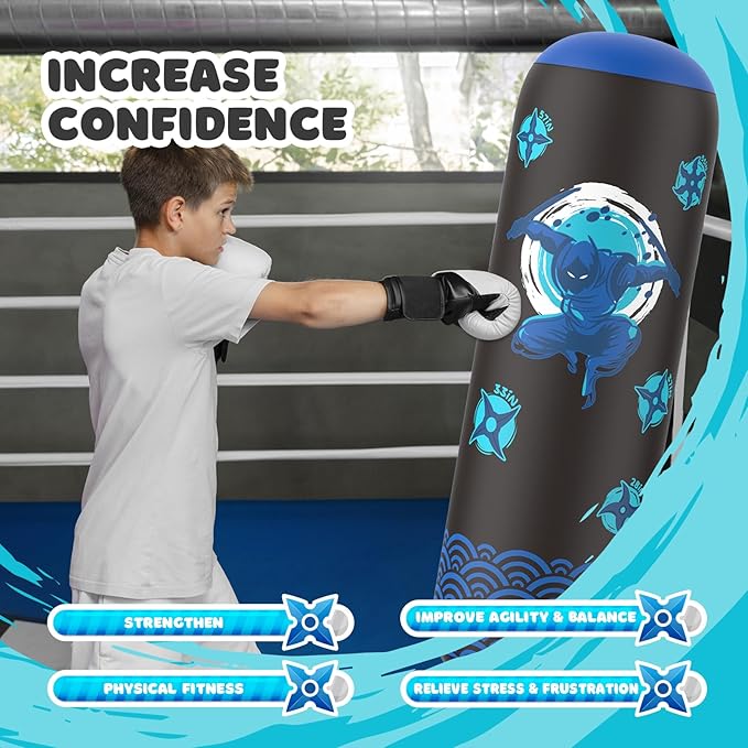 Inflatable Punching Bag for Kids, Tall Larger 66 Inch Stable Boxing Bag for Teens, Ninja Shuriken Toy Gifts for Boys Girls, Boxing Set with Gloves and Pump for Practicing Karate Taekwondo
