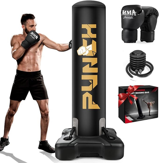 Heavy Boxing Bag with Stand for Adult Teens Kids, Freestanding Inflatable Punching Bag with Gloves, Men Women Stand Kickboxing Boxing Set for Martial Arts MMA Home Gym Exercise Training Equipment