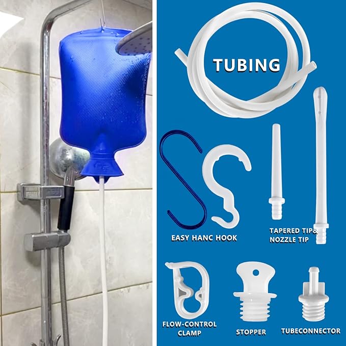 2 L Home Enema Bag Kit with 2 Enema Tips,60 inch Long Silicone Hose, Controlable Water Flow Valve, Hot-Water Bottle for Colon Cleansing Enemas（Blue）