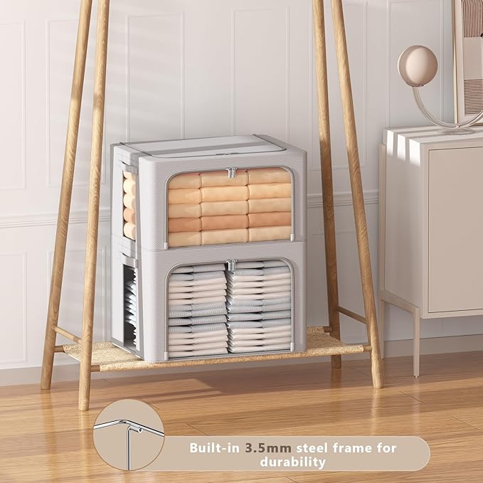 3Pack Frame Storage Box - Clothes Storage Bin Bags Oxford Fabric Foldable Stackable Container Organizer Set with Clear Window & Carry Handles Large Capacity (Grey, Small-22L)