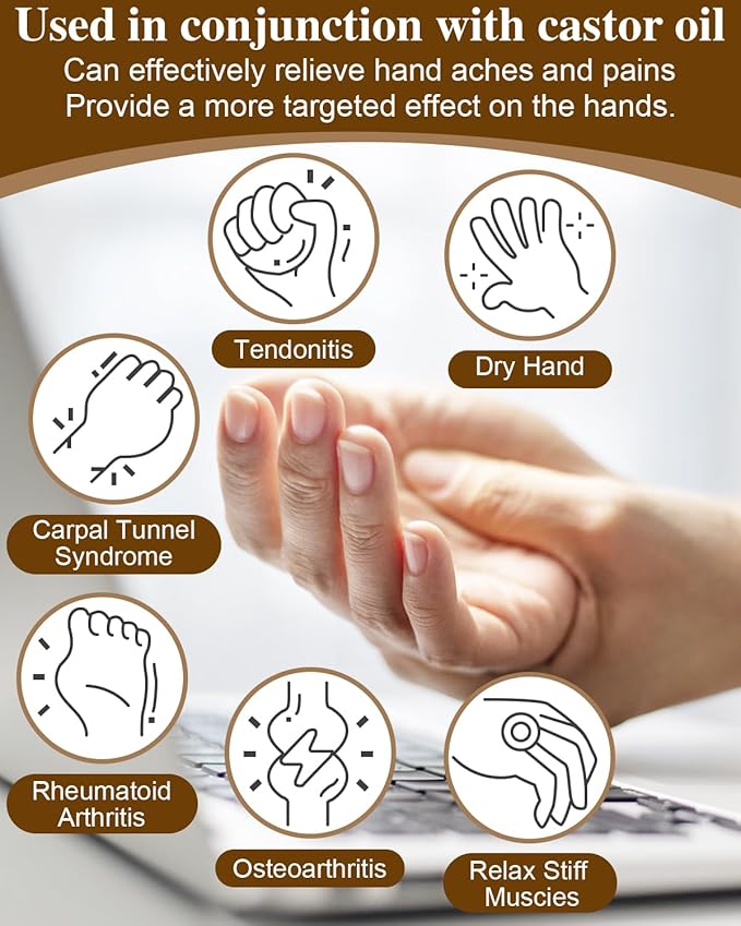 2 Pcs Castor Oil Pack Wrap for Hands, Reusable Organic Cotton Hand Castor Oil Pads, Self Adhesive Adjustable Hand Wraps, Prevent Leakage, Comfort Fit (Khaki)