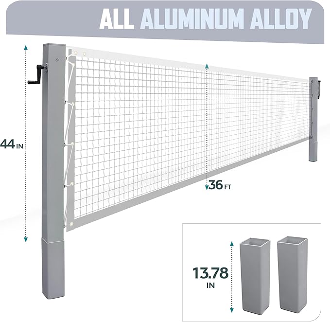 In Ground Tennis Net Set, 4'' Square Aluminum Alloy Posts and Heavy Duty Double-Layer Tennis Net, Unique Built-in Winder Design, Sturdy and Durable, Follows ITF Standards