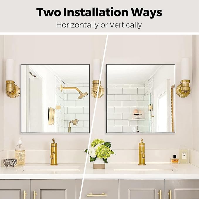 28x28 Inch Black Bathroom Mirror for Wall, Aluminum Frame Rectangle Rectangular Vanity Mirror, Modern Large for Bedroom, Living Room, Horizontal or Vertical