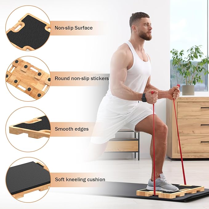 Wooden Resistance Band Foot Plate, Non-Slip Exercise Board with Free Soft Pad & Drawstring Bag for Strength Training, Stretching & Balance, Home Gym Fitness Platform for Full-Body Exercises