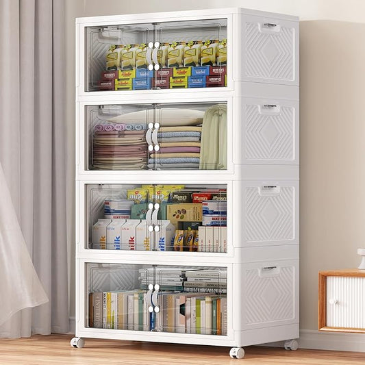 400QT Extra Large Stackable Storage Bins, 100Gal Clear Plastic Closet Organizer Cabinet with Lid and Wheels, Collapsible Latch Boxes Folding Drawer with Door for Home Kitchen, V20 4Pack White