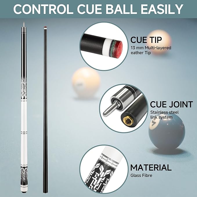 HomeSeason Glass Fiber Pool Cue 58" Professional Pool Stick 12.7mm 4-Layer Tip Low Deflection Cue Stick, 3 * 8/8Joint Pin, Ultra-Smooth, Billiard Cue Sticks