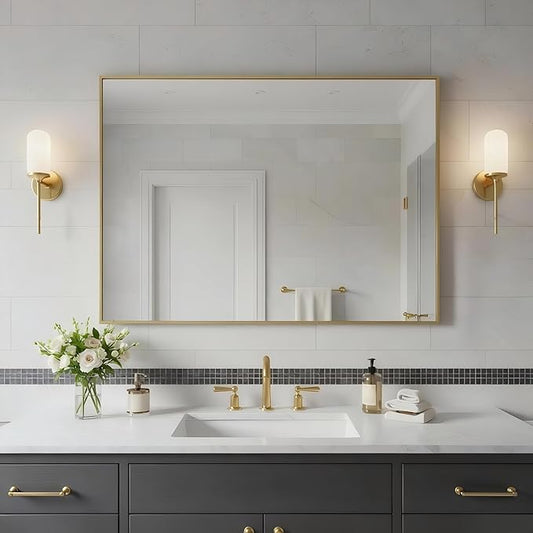 24x36 Inch Brass Bathroom Mirror for Wall, Aluminum Frame Rectangle Rectangular Vanity Mirror, Modern Large for Bedroom, Living Room, Horizontal or Vertical