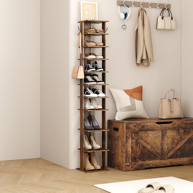 HOMEFORT 10-Tier Vertical Shoe Rack, Corner Shoe Tower, Slim Shoe Organizer with Two Hanging Hooks, Wooden Shoe Storage Stand for Entryway, Hallway, Closet, Rustic Brown