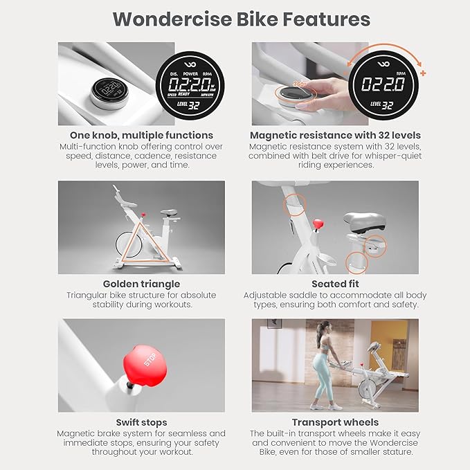 WONDER CORE Indoor Cycling Exercise Bike, WONDERCISE Bike - 13.2LB Flywheel, 32-Level Resistance, Silent Belt Drive, Bluetooth Connectivity, Tablet Holder, Adjustable Seat/Handlebars (White)