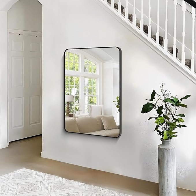 30x40 inch Bathroom Mirror,Black Rectangle Mirror,Wall Mounted Bathroom Frame Vanity Mirror with Round Corner for Bedroom Living Room, Entryway Hangs Horizontal or Vertical