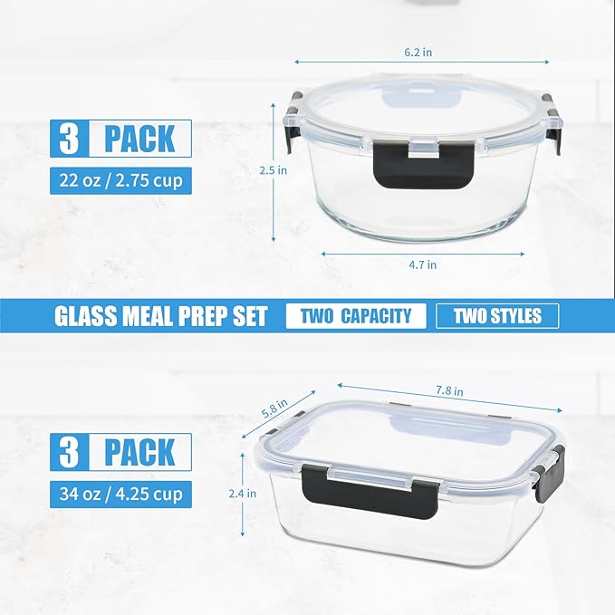 6 Pack Glass Food Storage Containers, BPA Free Meal Prep Containers with Leak Proof Lids, Freezer to Microwave Safe