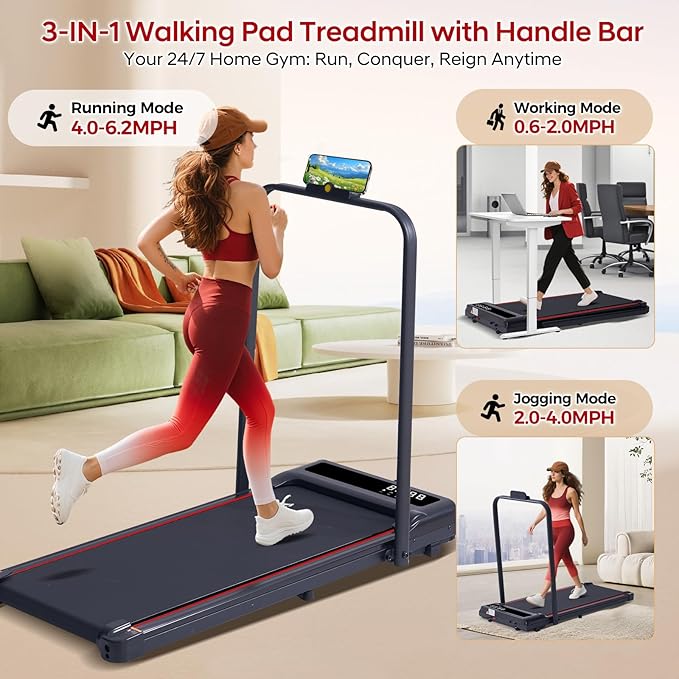 Walking Pad with Handle Bar, 3.0HP Compact Portable Walking Pad Treadmills for Home Small with Handles, 0.6-6.2MPH Electric Small Under The Desk Treadmill for Small Space, 320LBS