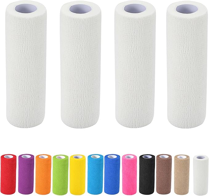 4 Pack Self Adhesive Bandage Wrap, 6 in x 5 Yards Non-Woven Self Adherent Cohesive Bandage, Vet Wrap Wound Tape for Thumb Finger Wrist Knee Ankle, White