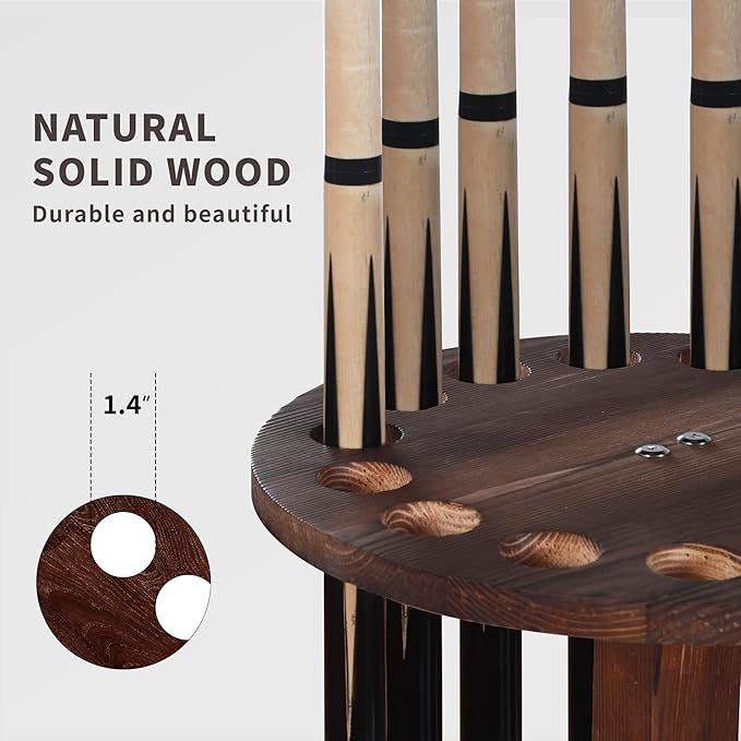 360 Degree Rotating Pool Cue Stick Holder - Floor Stand Pool Cue Rack for Up to 15 Sticks, Billiard Cue Rack, Natural Wood Billiard Room Equipment Storage Organizer, Gifts for Men