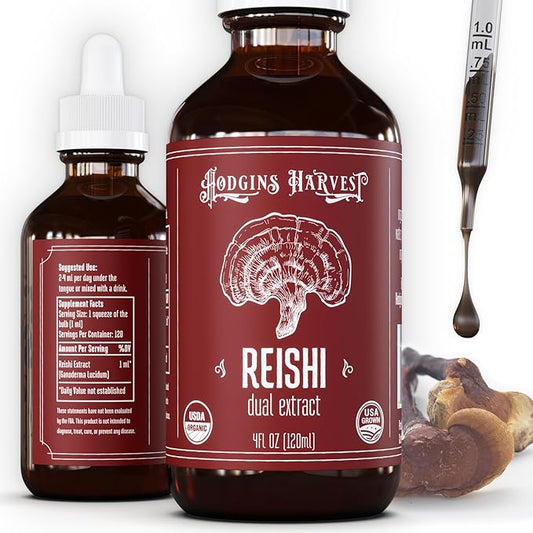 Hodgins Harvest Organic Reishi Tincture | Made with Mushrooms Grown On Our Farm in The USA | Dual Extract | Extra-Concentrated (4 fl oz)