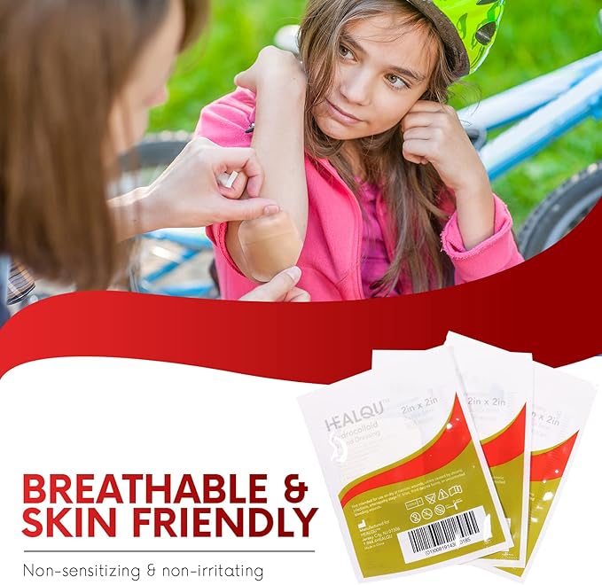 Healqu Hydrocolloid Wound Dressing - 6x6" Thin - Box of 10 Large Bandages - Sterilized Bordered Hydrocolloid Patches for Bed Sores, Abrasions, and More - Waterproof and Absorbent with Protective