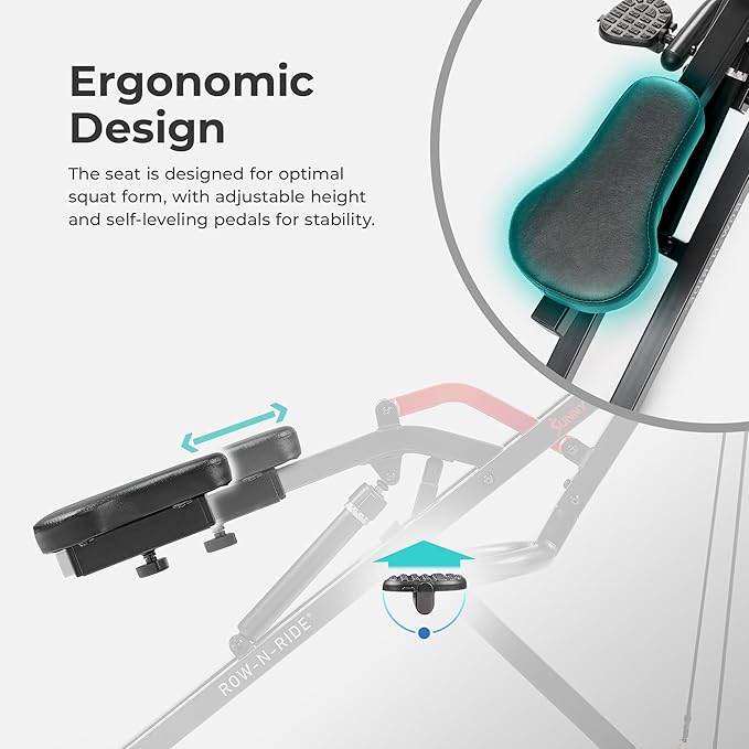 Sunny Health & Fitness Row-N-Ride PRO, Full Body Combo Squat Machine w/Optional Resistance Band, Easy Setup Ab Workout Exercise Equipment for Home, Whole Body Cardio, Optional SunnyFit App Connection