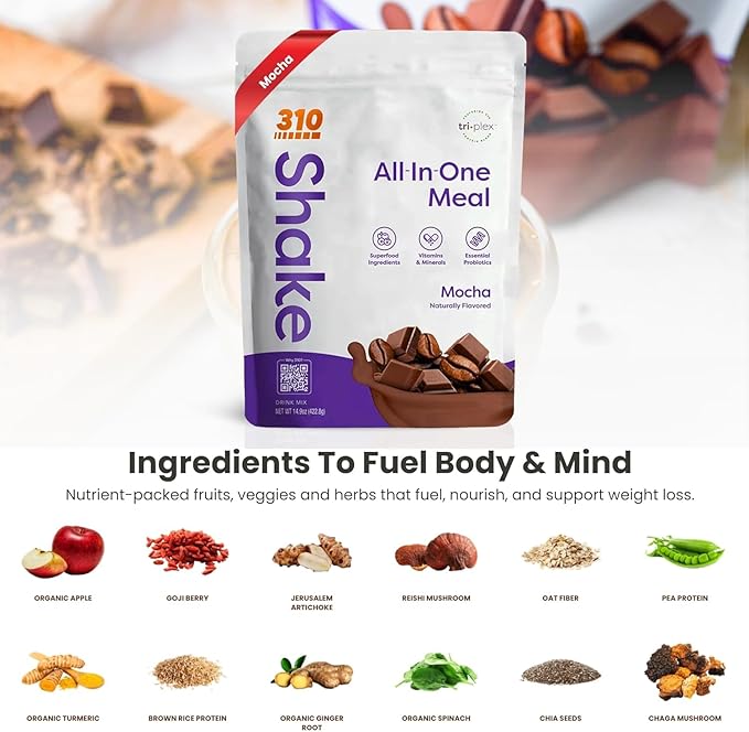 310 Nutrition All-In-One Meal Replacement Shake Powder - Plant-Based Protein Smoothie Blend w/High Fiber, Probiotics & Adaptogens - Low Carb, Vegan, Keto & Paleo Friendly - Mocha - 28 Srv