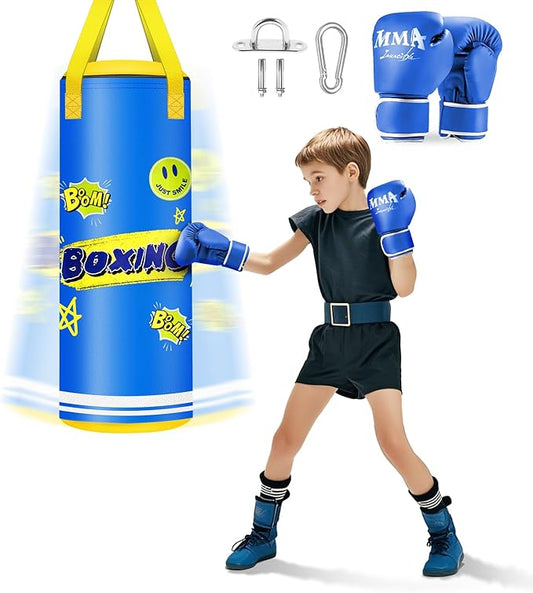 Hanging Punching Bag for Kids, 2FT PU Leather Kicking Bag with Boxing Bag Gloves, Heavy Bag Boxing Equipment for Training Karate Muay Thai Kick Taekwondo(Unfilled)