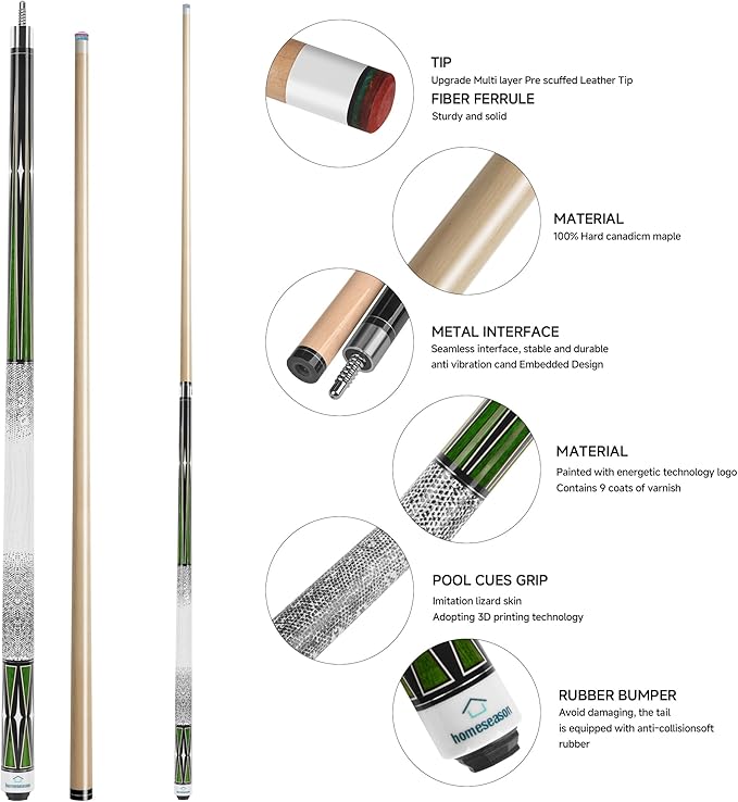 HomeSeason Pool Cue Stick 58" Billiard Cue Sticks 3D Printed Grip Professional Low Deflection Pool Sticks Maple Wood Pool Sticks 13mm Tip