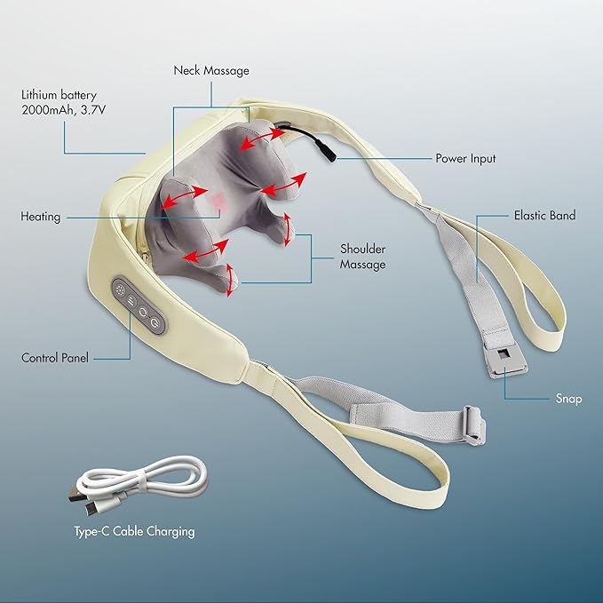 HEALTHMATE IN9532 Kneading Shoulder and Neck Massager for Pain Relief Deep Tissue 6D Shiatsu Neck and Shoulder with Heat Rechargeable Cordless Back Massager for Home, Office, Car Use, Gifts