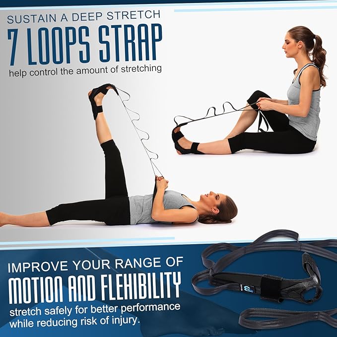 Foot and Calf Stretcher for Plantar Fasciitis, Achilles Tendonitis, Heel Spurs, Drop Foot. Yoga Stretching Strap for Leg, Thigh and Hamstring (Black)