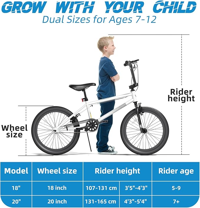 67i Boys BMX Bike 18/20 Inch Ages 8-12 Kids Bicycle with Front Rear U Brake Adjustable Seat Iron Fork 2.09" Wide Tires