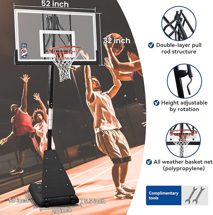 IGL Basketball Hoop Outdoor with 52 Inch Shatterproof Backboard, 10FT Height Portable Basketball Hoop Outdoor, Adjustable Basketball Goal System