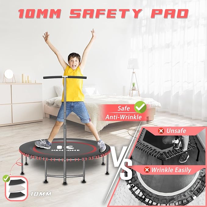 40/48" Low-Impact Rebounder Trampoline for Adults with Bungee, 450/550LBS Quiet Mini Exercise Trampoline with Adjustable U/T-Shaped Foam Handle Bar, Fitness Equipment for Indoor/Gym Workout